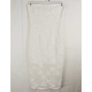 Ivory open knit 3D floral strapless midi dress Sz Large Romantic Boho Whimsical